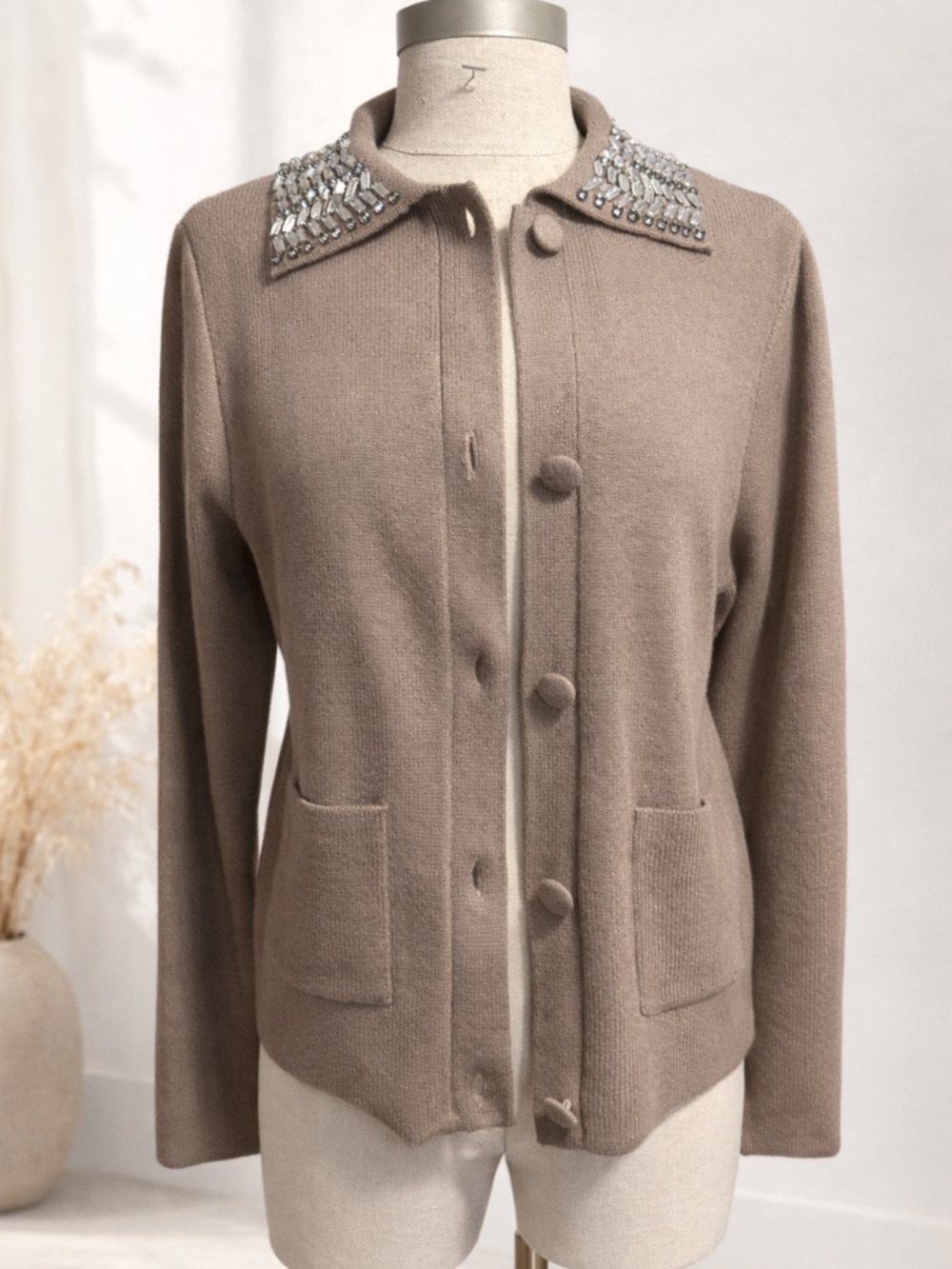 Embellished Collar Taupe Button-Up Cardigan